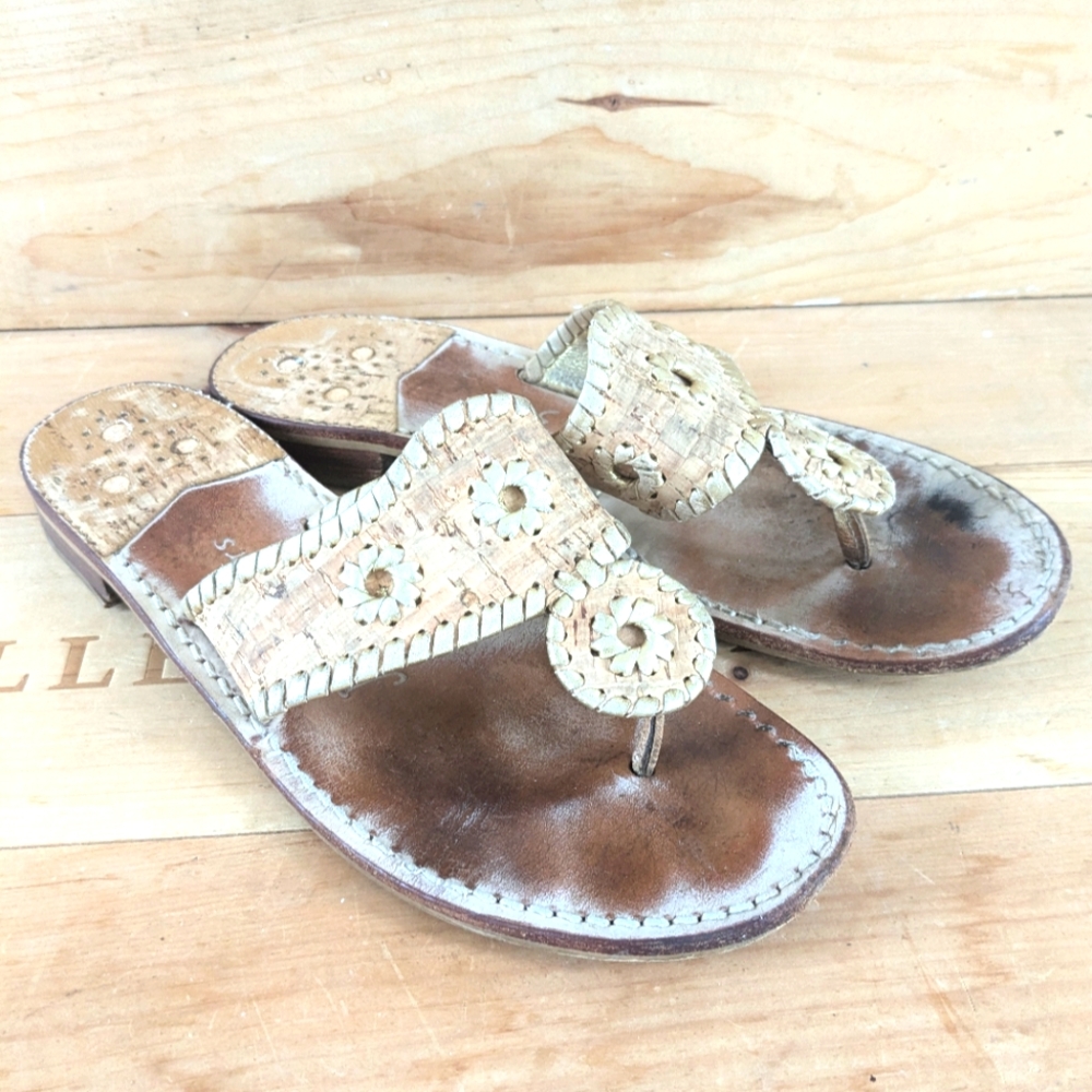 Jack Rogers Gold + Cork Thong Leather Sandals sz 7